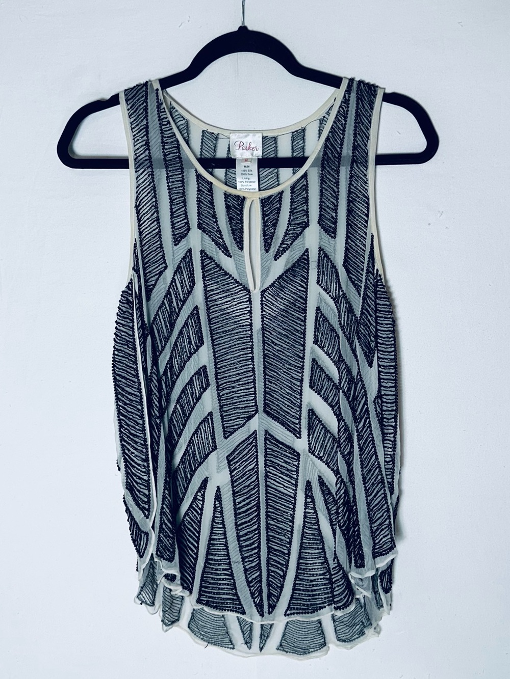 Vintage Y2K Parker 100% Silk Heavy Beaded Art Deco Keyhole Top M